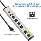 CCCEI Heavy Duty Power Strip Surge Protector 20 Amp, High Amp Industrial Shop Garage Metal Multiple Outlets, 15 FT 12 Gauge 5-15P Extension Cord 6 Outlet 6-20R T-Slot 20a for Appliance.