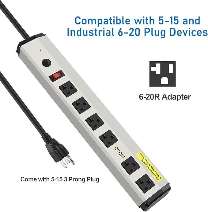 CCCEI Heavy Duty Power Strip Surge Protector 20 Amp, High Amp Industrial Shop Garage Metal Multiple Outlets, 4 FT 12 Gauge 5-15P Extension Cord 6 Outlet 6-20R T-Slot 20a for Appliance.
