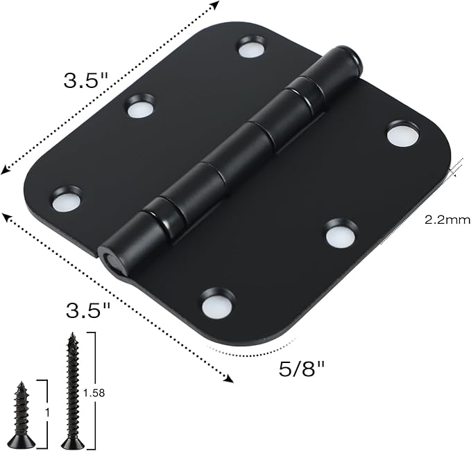 12 Pack Anti Squeak Matte Black Door Hinges 3.5 Inch 5/8" Radius Round Ball Bearing Interior 3-1/2"Flat Bifold Standard Bedroom Indoor for Doors 3 ½" Hardware Essentials House Home Decor Accessories