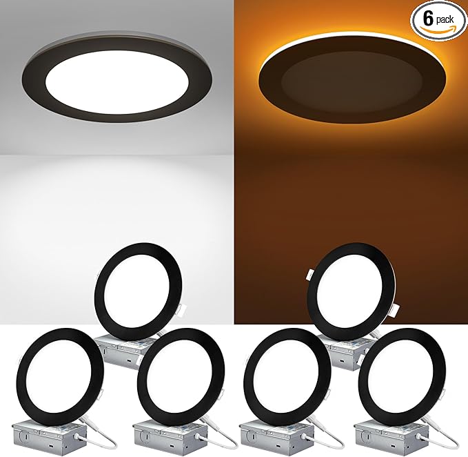 ZYC Canless LED Recessed Lighting 6 Inch 6 Pack 5CCT Ultra-Thin Downlight Lights with Night Light Mode,12W 1100LM Dimmable Retrofit Wafer Recessed Ceiling Light,1800K to 5000K ETL,FCC