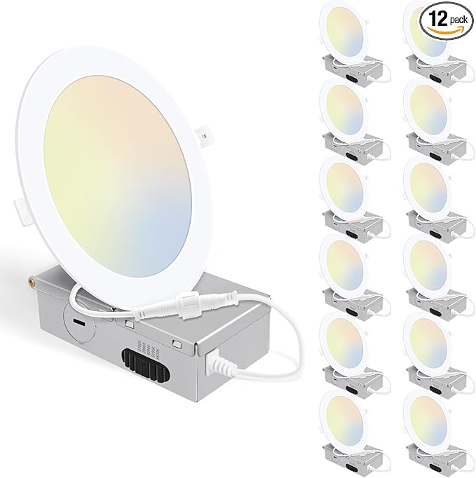 12 Pack 6 Inch 5CCT Ultra-Thin LED Recessed Ceiling Light with Junction Box, 2700K/3000K/4000K/5000K/6500K Selectable, 1050LM Brightness, 12W Eqv 110W, Dimmable Canless Wafer Downlight - ETL & FCC