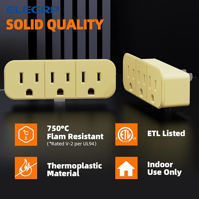 ELEGRP 2 to 3 Prong Grounded Triple Outlet Extender, 2-Prong to 3-Prong Adapter Converters for Wall Outlets, Portable Polarized Wall Plug Splitter with 3 AC Outlets, ETL Listed, 4 Pack