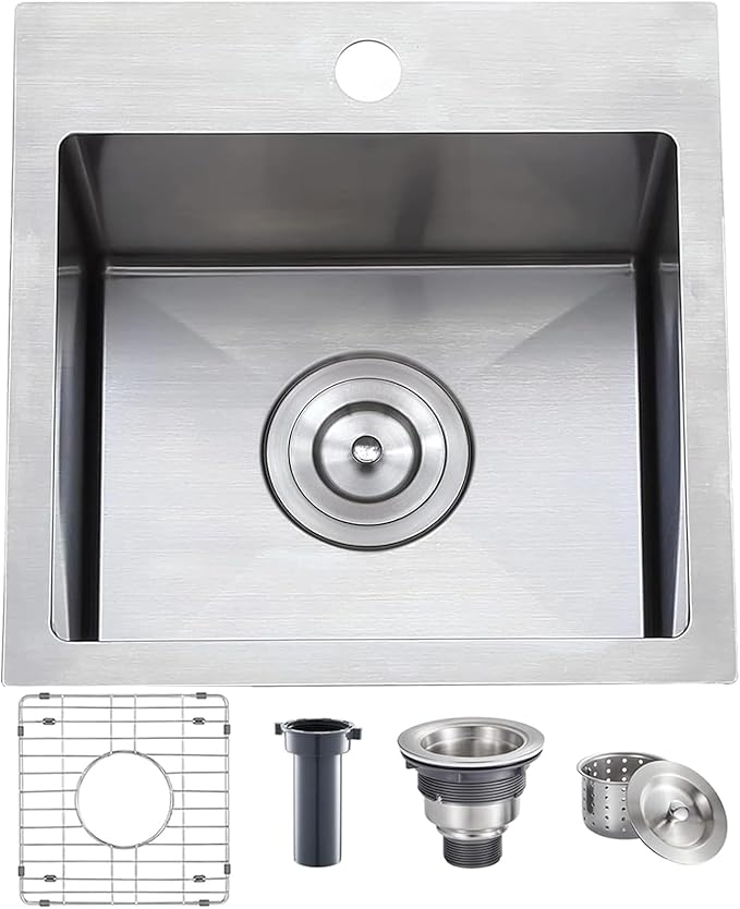 SHACO 15x15 Inch Drop In Bar Sink, Topmount 16 Guage Handmade Stainless Steel Square Small Sink for Wet Bar Prep Small Kitchen RV Outdoor