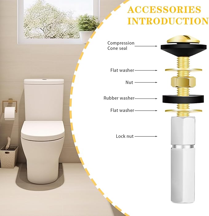 2 PCS M8 Universal Toilet Tank Bolts Replacement, Heavy Duty Stainless Steel Toilet Tank to Bowl Bolt Kit with Rubber Washers Gasket and Extra Long Downlock Nuts, Non-Slip Washers-Double Nut Design