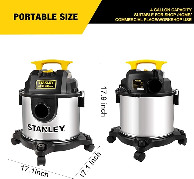 STANLEY 4 Gallon Wet Dry Vacuum, 4 Peak HP Stainless Steel 3 in 1 Shop Vacuum Blower with Powerful Suction, Vacuum for Job Site, Garage, Basement, Workshop, Top Handle, Portable Wet Dry Vac SL18301-4B