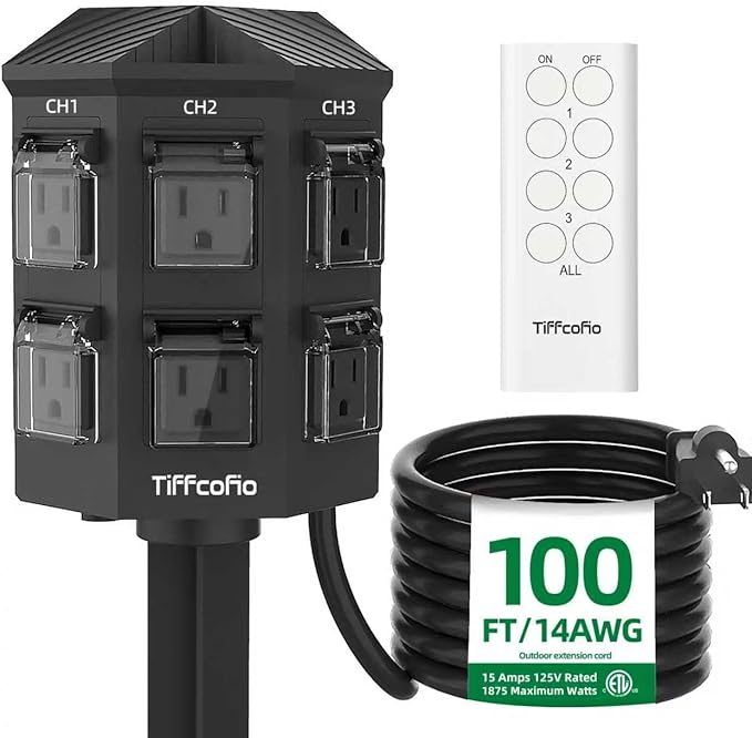 Outdoor Remote Control Power Strip, 100FT Extension Cord Waterproof, Independent Control Outlets, 6 Grounded Outlets for Outdoor Decorations, 14 AWG, 15A/1875W, ETL Listed (100 FT)