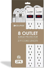 Digital Energy 8 Outlet Surge Protector - 15 AMP, 1875 W, 125 V, 350 J Surge Protection, ETL Listed - Flat Plug (White, 3 FT (Pack of 2))