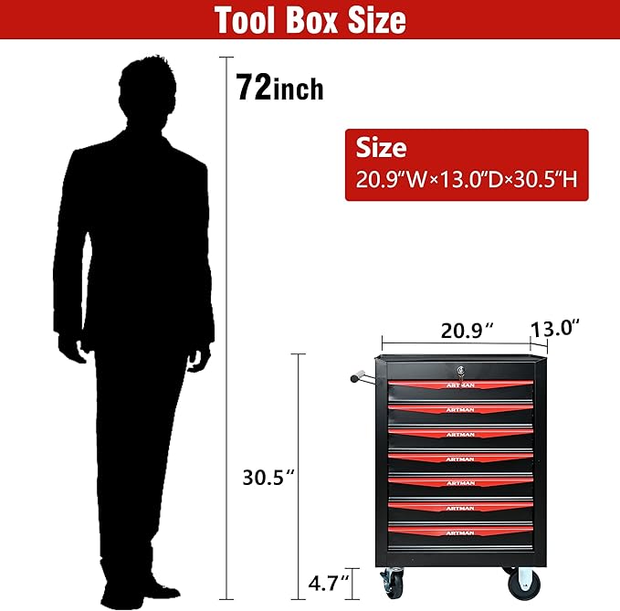 7 Drawers Rolling Tool Box on Wheels, Multifunctional Tool Chest Cabinet with Lock, Drawers Rolling Tool Cart Trolley Organizer Tool Storage Case for Warehouse,Garage,Workshop (Black&Red)