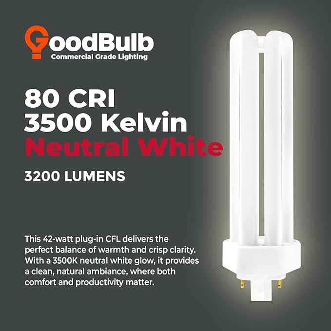 GoodBulb 42 Watt CFL Light Bulbs 4 Pin GX24Q-4 Base 3500K Neutral White 42W High Output 3200 Lumens Triple Tube Compact Fluorescent Light Bulbs Plug-in 10 Pack