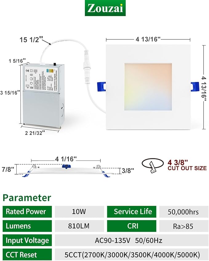 zouzai Square Led Recessed Lighting,5CCT Ultra Thin Square Led Ceiling Light with Junction Box,CRI90,2700K-5000K Selectable,Dimmable Canless Downlight,ETL and Energy Star (White 【12 Pack】, 6 Inch)