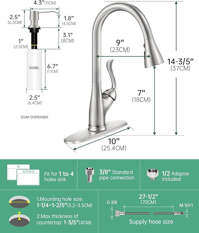 APPASO Patented Kitchen Faucet with Pull Down Sprayer and Soap Dispenser - Single Handle Stainless Steel Brushed Nickel High Arc Pull Out Kitchen Sink Faucets with Deck Plate