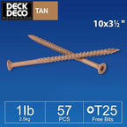 Wood Screws #10 x 3-1/2" 57pcs(Approx), Tan Ruspert Coating Exterior Deck Screws, Torx/Star Drive Flat Head,Twist Shank, Cut Tip/Thread, Bit Included, 1 lb/Box