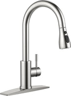 Kitchen Faucet with Pull Down Sprayer, Brushed Nickel High Arc Stainless Steel Classic Sink Faucet, Single Handle with Deck Plate for 1 or 3 Hole Sinks for RV Bar Laundry Farmhouse