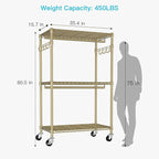 FUTASSI P1 Rolling Clothes Rack, Movable Metal Garment Closet Organizer with Lockable Wheels, Clothing Wardrobe with Double Hanger Rods and Hooks, 35.4" W x 15.7" D x 80.5" H, Load 450lbs, Gold