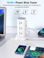 Power Strip Tower with Multiple Outlets, Flat Plug Surge Protector Tower Extension Cord with 12 AC Outlets 4 USB Ports (2 USB C), 15FT Cord Power Tower Surge Protector for Home Office Dorm Room, White