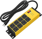 CCCEI Yellow Heavy Duty Power Strip Surge Protector 20 AMP, 8 Outlets 12 Gauge Industrial Shop Garage Metal Multiple Outlets, 15FT Extension Cord 5-15P Adapter High Amp 6-20R T-Slot 20a for Appliance
