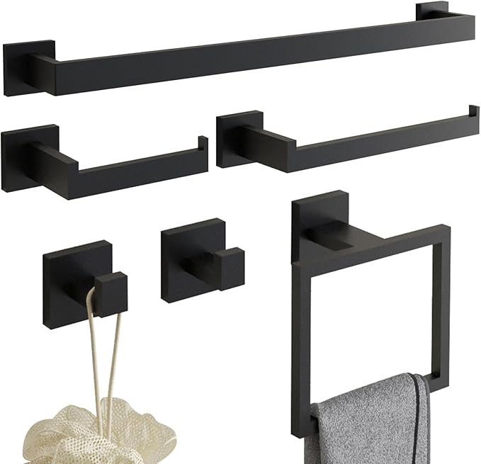 6-Piece Matte Black Bathroom Hardware Accessories Set - 24 Inch Towel Bar Set, SUS304 Stainless Steel Towel Holder Set, Hand Towel Holder, Heavy Duty Wall Mounted Modern Hand Towel Bar for Bathroom