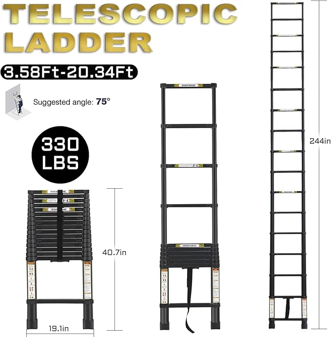 RIKADE Telescoping Ladder 20.3FT & Attic Ladder, Heavy Duty Aluminum with Non-Slip Feet, 330lb Capacity for RV, Attic, Roof & Multi-Surface Use