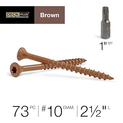 Deck Plus 2-1/2 Inch Epoxy Coated Exterior Wood and Fence Screws #10 x 2-1/2" Torx/Star Drive Included Coarse Thread, Outdoor Rust Resistant Decking Screw, Brown, 1lb Box, 73 Pieces | 48824