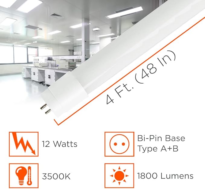 GoodBulb 4-ft T8 LED Tube Lights, 12-Watt (32W Equivalent) 3500K Warm White, 1800-Lumens, 80 CRI, Type A+B Hybrid (Pack of 25)