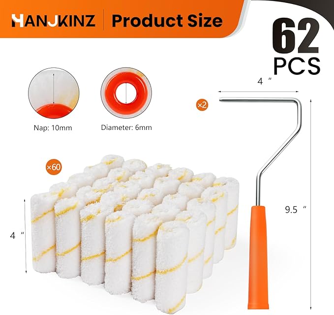 60 Pack Microfiber Paint Roller 4 Inch, Small Paint Roller Covers, 3/8 Inch Nap, Mini Paint Rollers for House Painting with Paint Roller Frame, Wall Painting Tool