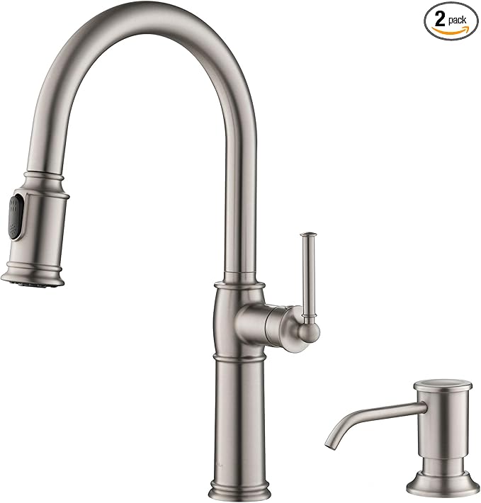 KRAUS Sellette Traditional Spot Free Stainless Steel Single Handle Pull-Down Kitchen Faucet with Deck Plate and Soap Dispenser, KPF-1682SFS-KSD-80SFS