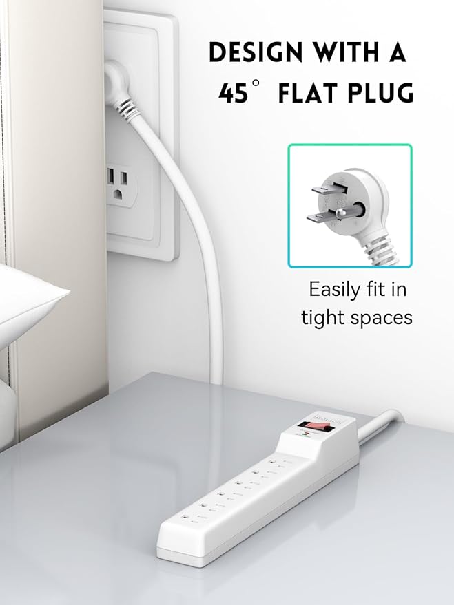 PLUGTUL 2 Pack Surge Protector (980 Joules), Flat Plug Power Strip, 4FT Extension Cord with Multiple Outlets, 6 Outlets, ETL Listed, 14 Gauge, Wall Mountable for Home Office Garage, White