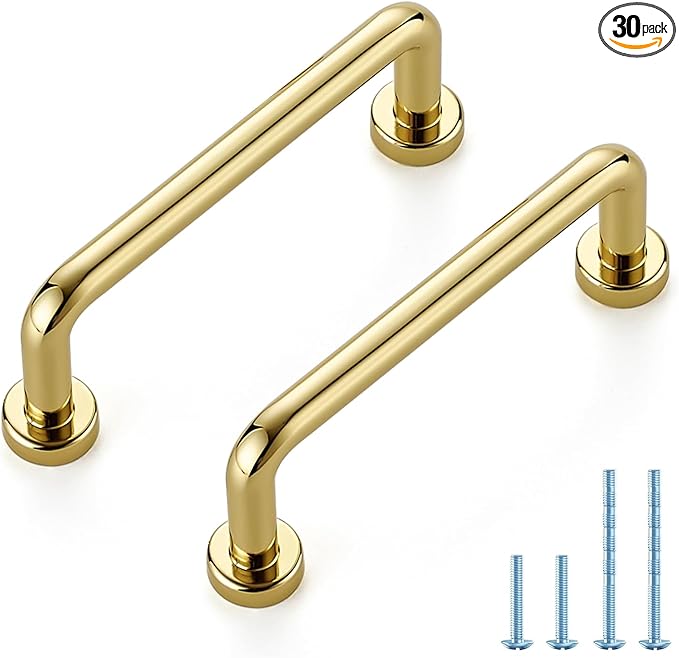 JOY DECOR Cabinet Pulls – 3 Inch Hole Center, Polished Brass, 30 Pack, Zinc Alloy Cabinet Handles for Drawers & Cupboard – Vintage Style Hardware for Kitchen, Bathroom, Dresser, Furniture Makeover