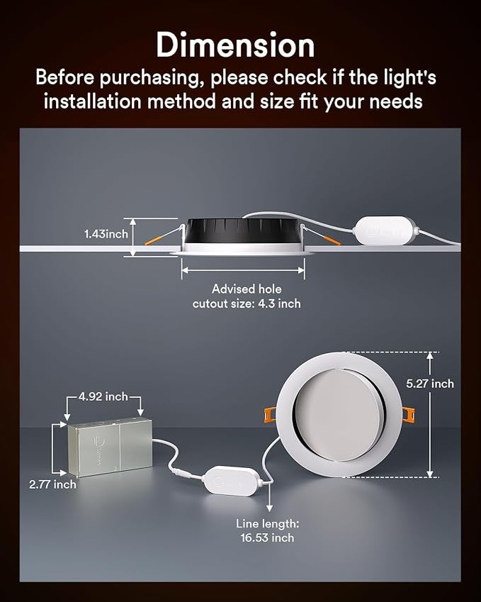 Lumary Smart Gimbal Recessed Lighting 4 Inch, 355°+20° Adjustable RGBWW WiFi Ceiling Light, Work with Alexa Google, Canless LED Downlight with J-Box, 9W 780LM CRI90, 1PC