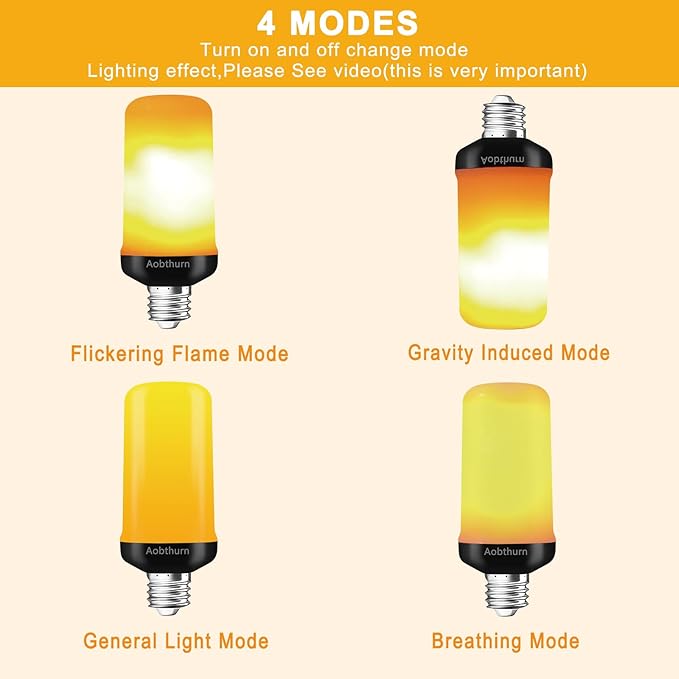 Flame Light Bulbs, 4 Modes LED Flame Effect Light Bulb, E26 Base Flickering Light Bulb with Gravity Sensor,Flickering Light Bulbs Halloween Home Party (Update 2 Pack)