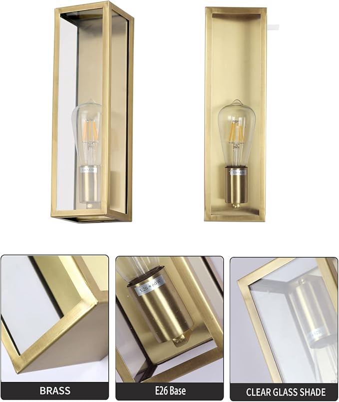 Outdoor Light Fixture, Exterior Wall Sconce, Brushed Brass Frame Wall Light with Clear Glass Shade for Porch, Garage, Patio, Doorway, Hallway