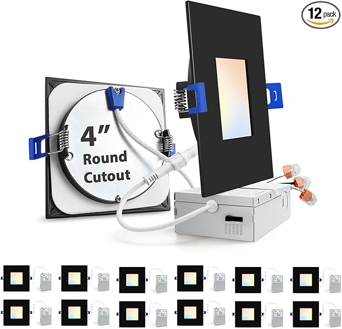 zouzai Square Led Recessed Lighting,5CCT Ultra Thin Square Led Ceiling Light with Junction Box,CRI90,2700K-5000K Selectable,Dimmable Canless Downlight,ETL and Energy Star (Black【12 Pack】, 4 Inch)