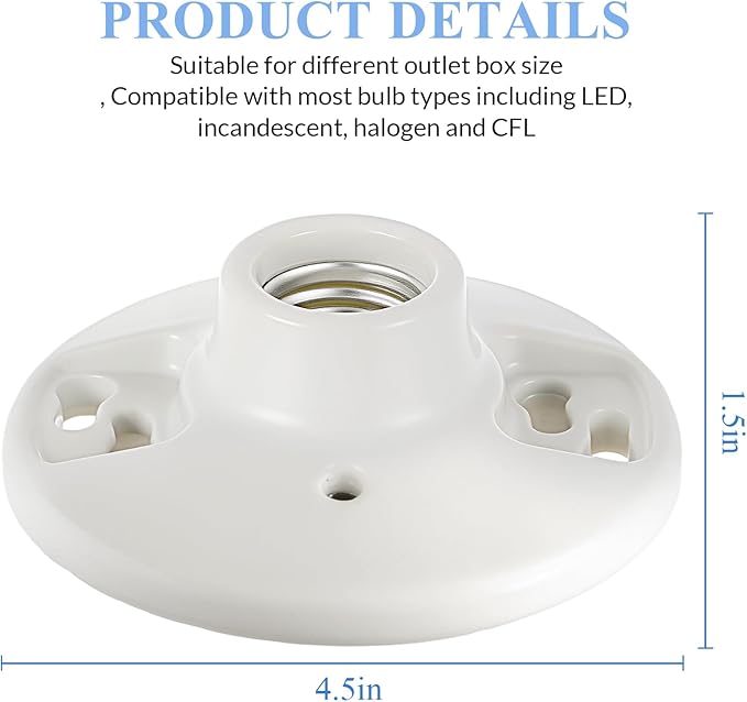 10 Pcs Medium Base E26 Lamp Holder Ceiling Light Sockets White Bulb Socket Incandescent Fluorescent CFL Lamp Holder 660w 250v (Porcelain)