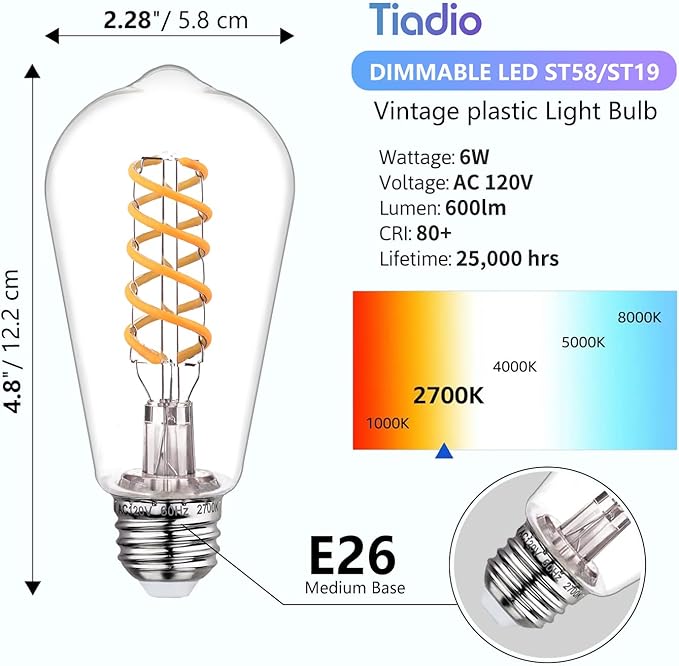 4-Pack Vintage LED Edison Bulbs 60W Equivalent- ST58/ST19 6W E26 Dimmable Light Bulbs, 2700K Filament Decorative Bulb, Shatterproof Plastic Bulb Safe for Kids/Pets.