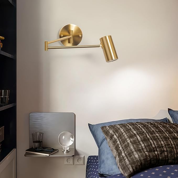 Indoor Wall Light Adjustable Swing Arm 5W LED Metal Wall Lamp 3000K Warm White Retro Vintage Industrial Wall Sconce, for Living Room Bedroom Hallway Corridor Stairs Hall, Gold