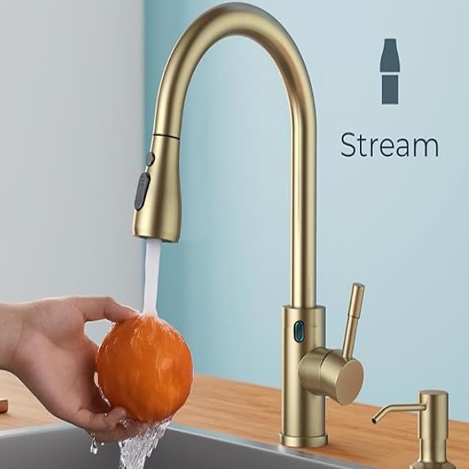 Touch-Less Kitchen Faucet, 3 Modes Pull Down Sprayer, LED Temperature Control,Sensor Activated,Ceramic Valve, 360-Degree Rotation, 1 or 3 Hole Deck Plate. 10-Year Warranty. (KW-78J, Gold)