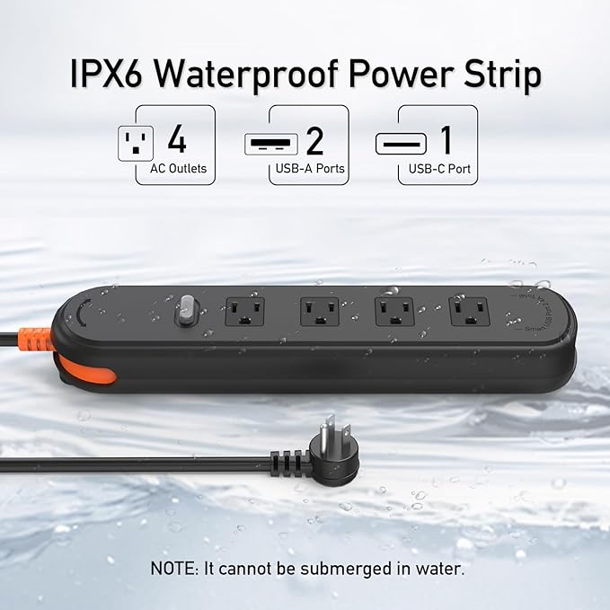 Outdoor Power Strip Weatherproof, KPQ IPX6 Waterproof Surge Protector with 4 Wide Outlets, 2 USB A & 1 USB C, 10FT Heavy Duty Extension Cord for Home, Office, Dorm, Patio, FCC UL Listed