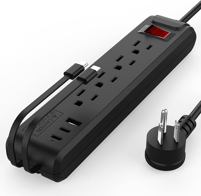 4-Outlet 6.5Ft Long Cord 2500W Power Strip Build-in Charging Cable and2 Type C (PD 23W) & USB (QC 3.0 5V3A) Fast Charging Ports Black
