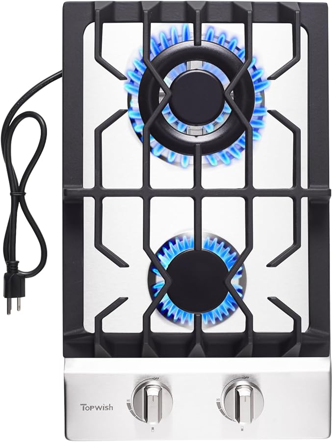 12 Inch Gas Cooktop, Propane Stove Top with 2 ITALY SABAF Sealed Burners 18,000BTU, NG/LPG Convertible Built-in Stainless Steel Stovetop with Thermocouple Protection for Rvs Kitchen Outdoor