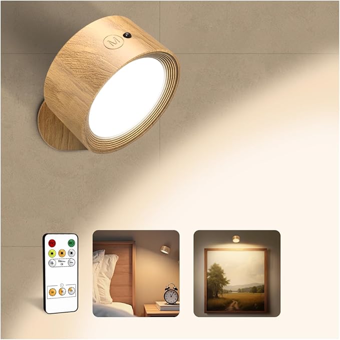 LED Wall Mounted Lights, Rechargeable Wall Sconces Lamp, 3 Color Temps & Remote and Touch, 360°Rotation Dimmable Cordless Wall Light for Study Bedroom Reading Bedside(Wood, 1 Pack)