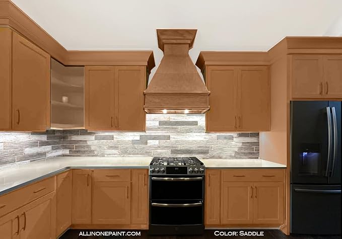 ALL-IN-ONE Paint, Durable cabinet and furniture paint. Built in primer and top coat, no sanding needed. Includes our 30 featured color card - Saddle (caramel brown), Quart