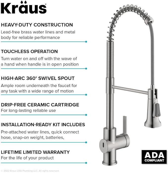 KRAUS Britt Touchless Sensor Commercial Single Handle Pull Down Kitchen Faucet in Spot Free Stainless Steel, KSF-1691SFS