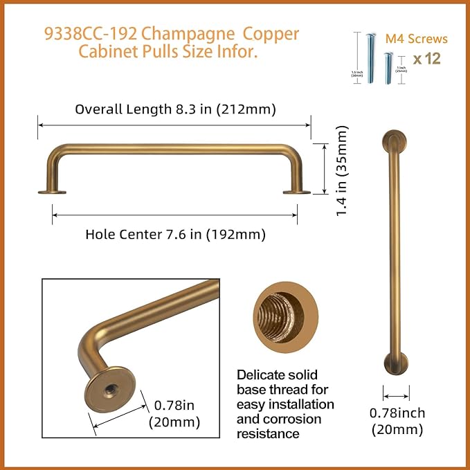 Goo-Ki 6 Pack Champagne Copper Cabinet Drawer Pulls Kitchen Hardware - 7.56"(192mm) c-c Bar Pull Dresser Handles for Cupboard Bathroom Closet Wardrobe