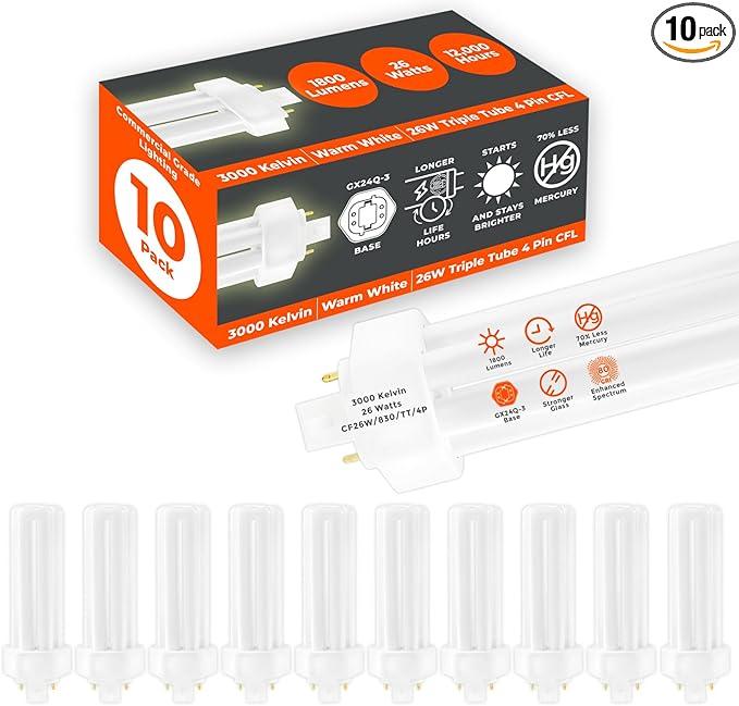 GoodBulb 26 Watt CFL Light Bulbs 4 Pin GX24Q-3 Base 3000K Warm White 26W High Output 1800 Lumens Triple Tube Compact Fluorescent Light Bulbs Plug-in 10 Pack