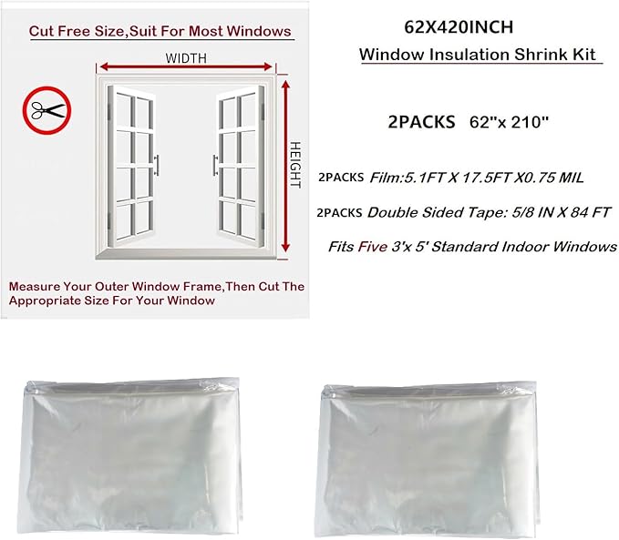 Indoor Window Insulation Kit, Clear Window Film for Heat and Cold (10 Windows(62x420))