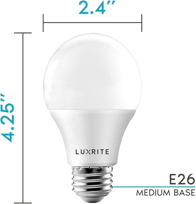 LUXRITE A19 LED Light Bulb 60W Equivalent, 5000K Bright White Dimmable, 800 Lumens, Standard LED Bulb 9W, E26 Base, Energy Star, Enclosed Fixture Rated, Perfect for Lamps and Home Lighting (12 Pack)