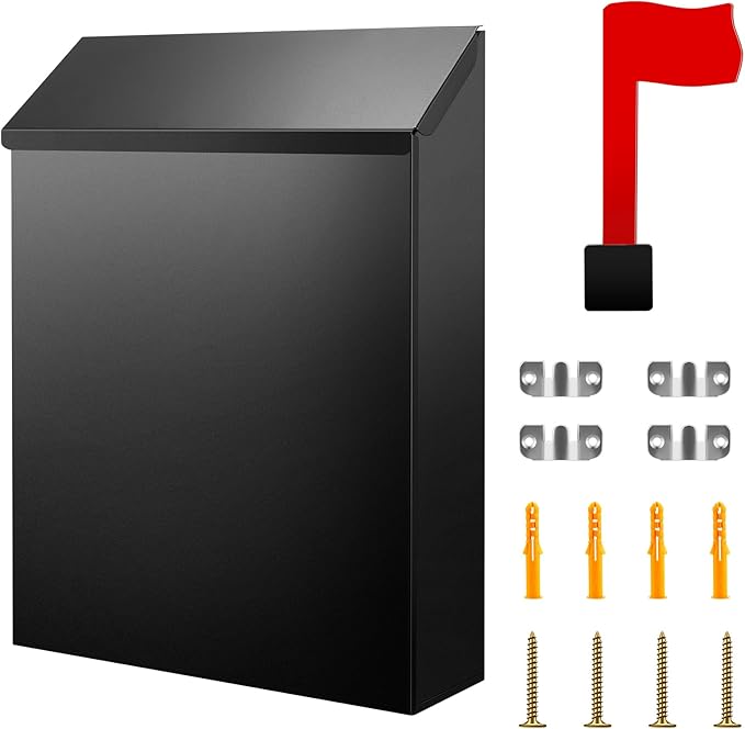 Tandefio 1 Pcs Wall Mount Mailbox with Red Mailbox Flag Reflective Sticker Keys Outdoor Steel Rustproof Lock Post Boxes Outdoor, 11.4 x 8.7 x 2.6 Inches, Black