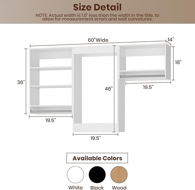 ROOMTEC Modular Closet System, 60" Closet Organizer with Hanging Rods, Wall-Mounted Wooden Tower for Walk-In Closets, Wardrobe Storage Kit, White