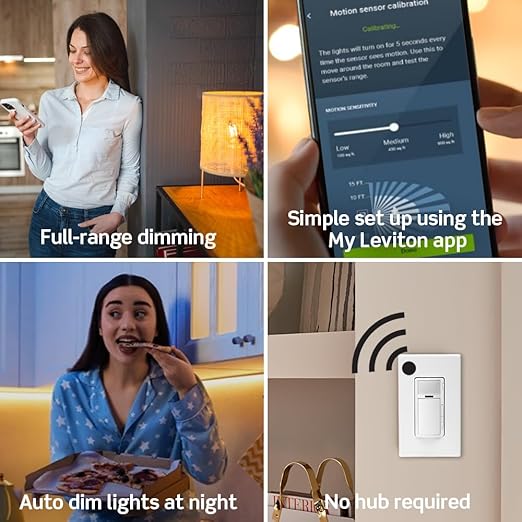 Leviton Decora Smart Motion Sensing Dimmer Switch, Wi-Fi 2nd Gen, Neutral Wire Required, Works with My Leviton, Alexa, Google Assistant, Apple Home/Siri & Wired or Wire-Free 3-Way, D2MSD-1RW, White