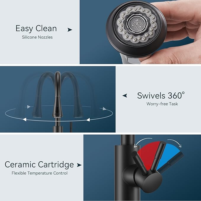 FORIOUS Black LED Kitchen Faucet with Pull Down Sprayer, High Arc Single Handle Modern Stainless Steel Sink Faucet with Temperature Digital Display, Suitable for Farmhouse Camper Rv Bar